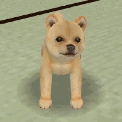 A shiba inu from Nintendogs being pet on the ears gently